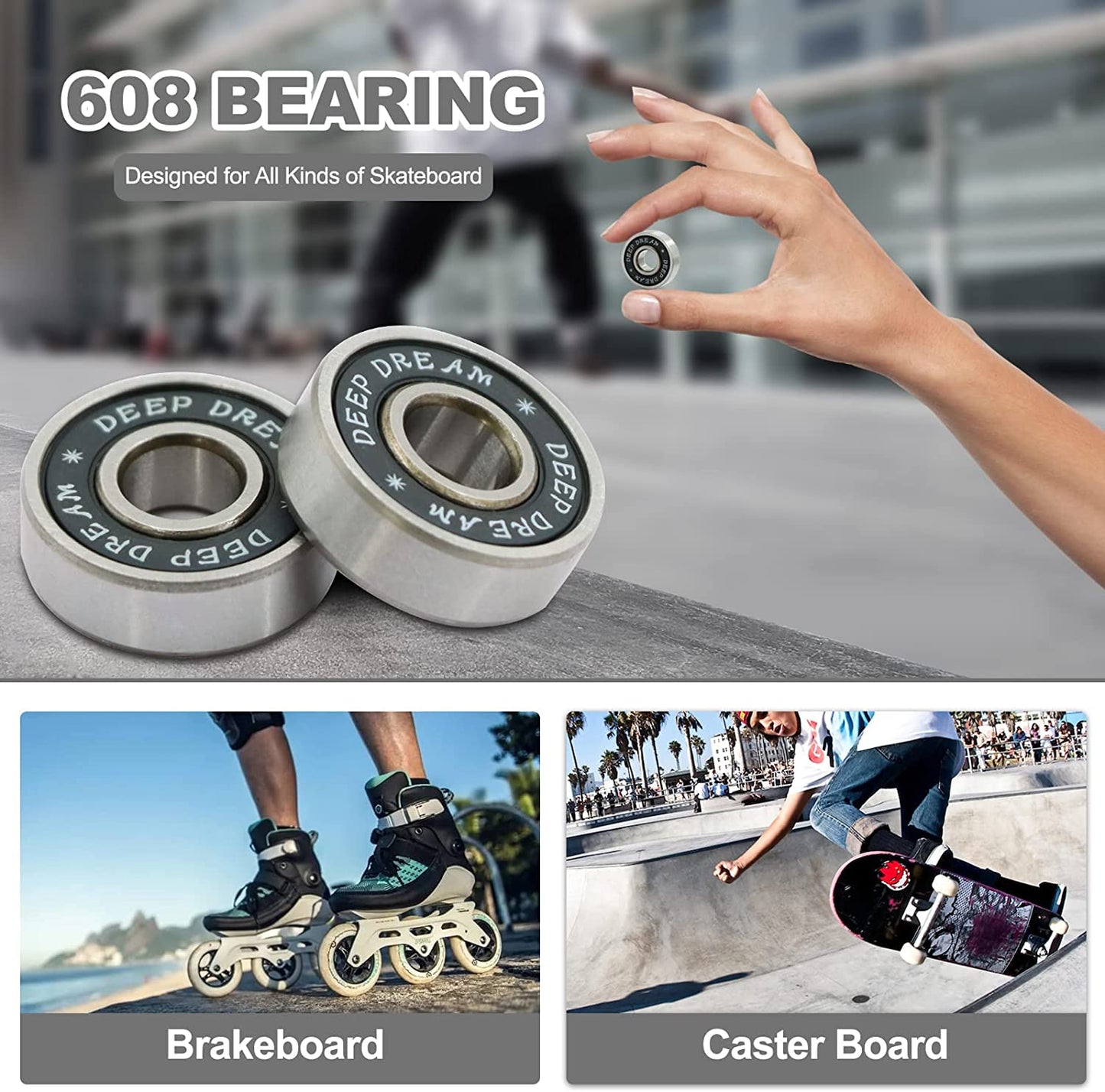 Premium 20Pcs 608Rs Bearings Skateboard Bearings ABEC Bearings Chrome Steel Ball Bearing Longboard Bearings for Quad Skate Double Rubber Sealed Miniature Deep Groove Bearings