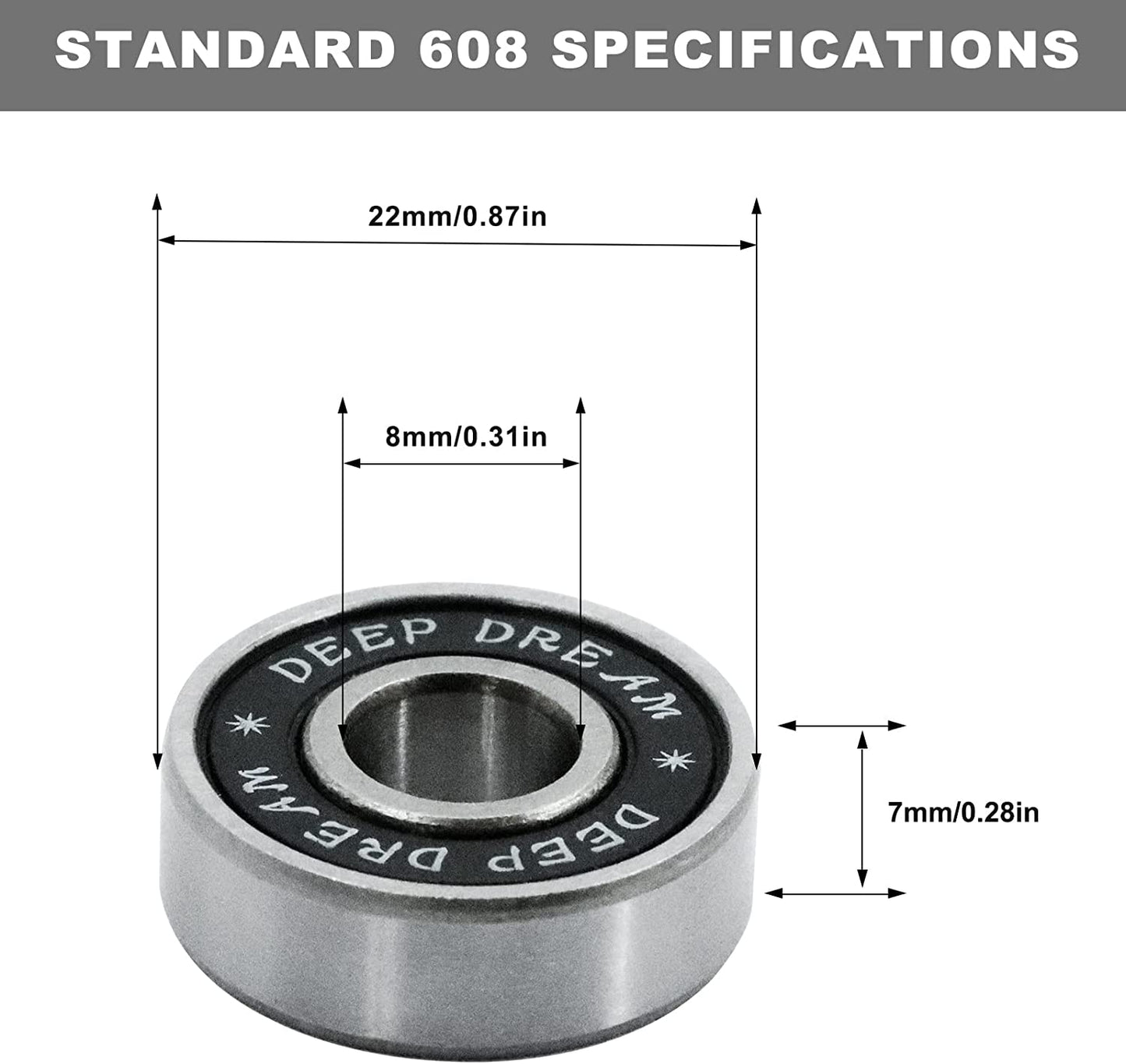 Premium 20Pcs 608Rs Bearings Skateboard Bearings ABEC Bearings Chrome Steel Ball Bearing Longboard Bearings for Quad Skate Double Rubber Sealed Miniature Deep Groove Bearings